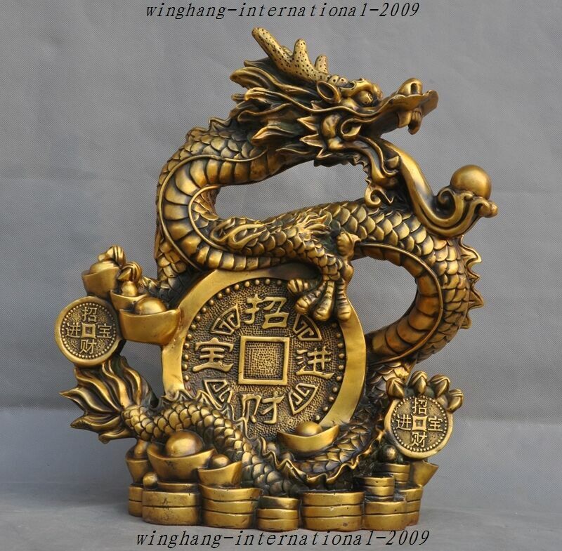 China Fengshui Bronze Wealth lucky Decoration yuanbao Money Zodiac Dragon Statue