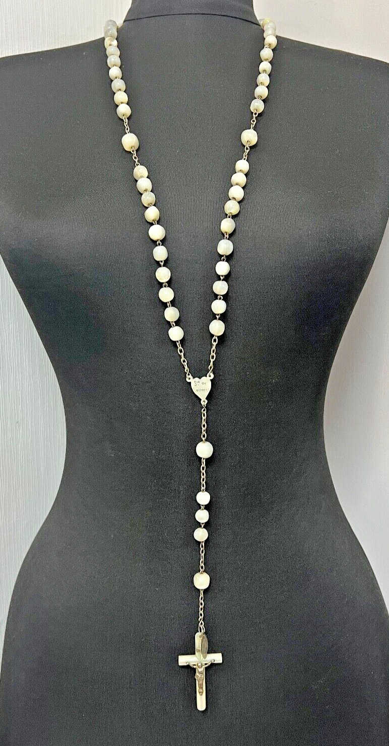 Victorian French Silver Rosary Prayer Beads Crucifix Mother of Pearl Necklace