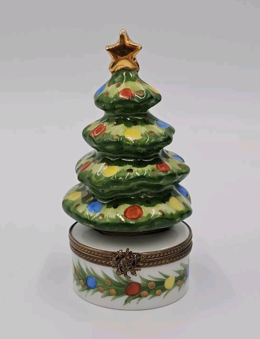 Chamart Limoges Christmas Tree Trinket Box EXCELLENT Peint Main Gold Star