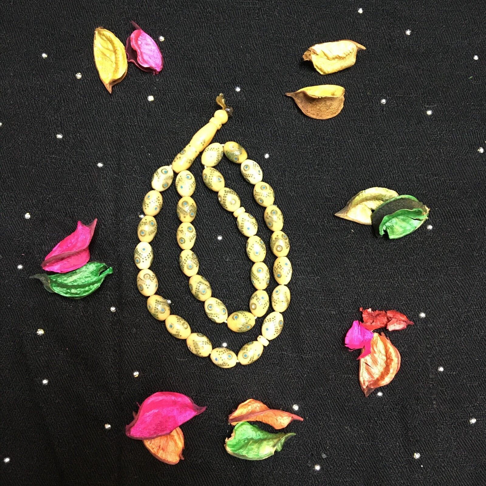 Vintage Ivory Gold and Turquoise Tone Masbaha Prayer Beads 33 Black Tasbih مسبحة