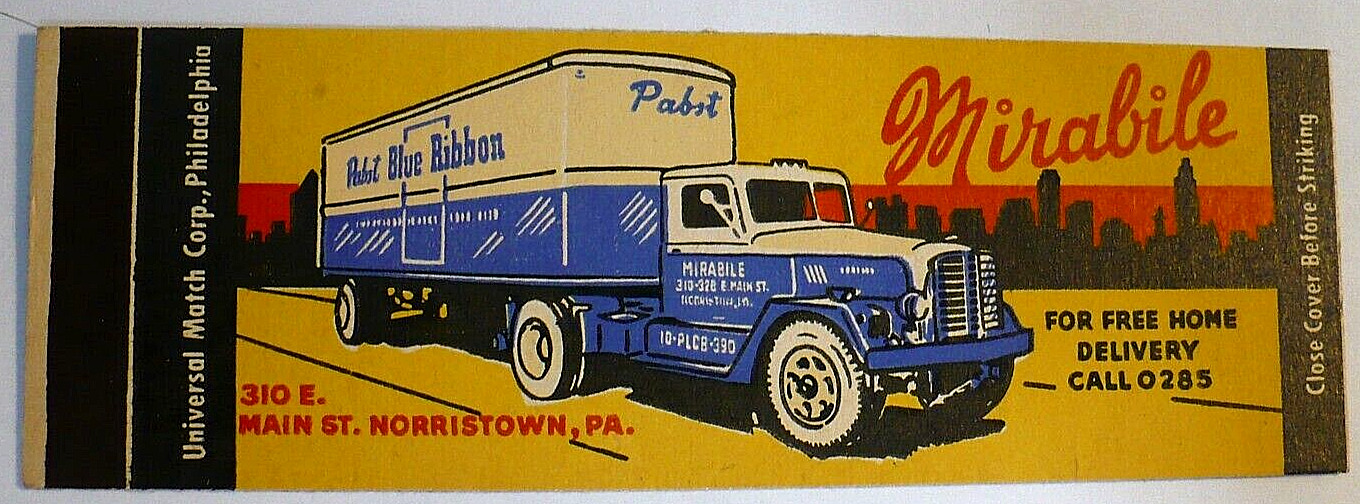 1940\'S-50\'S MIRABILE PABST BLUE RIBBON BEER NORRISTOWN MATCHCOVER FLAT 20 STRIKE