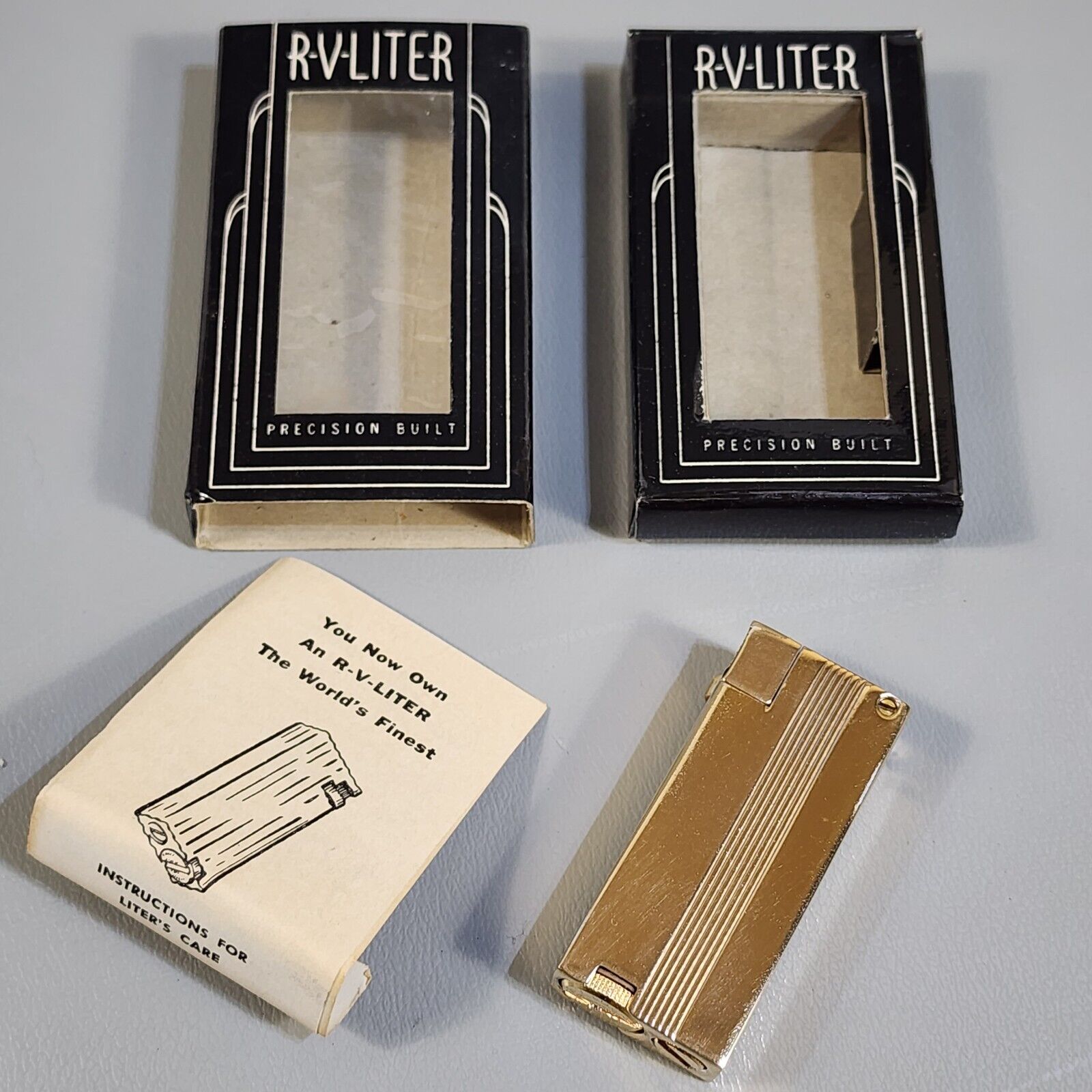 Vintage Arvey RV LITER Flint Fluid Lighter Original Design Gold Tone Aluminum
