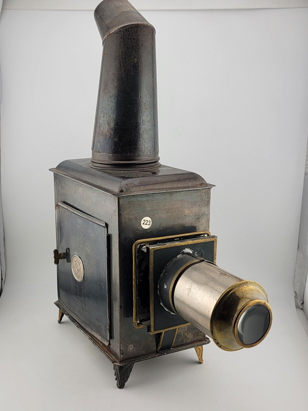 Antique 1800's Ernst Plank Germany Tin Kerosene Magic Lantern Projector Box.