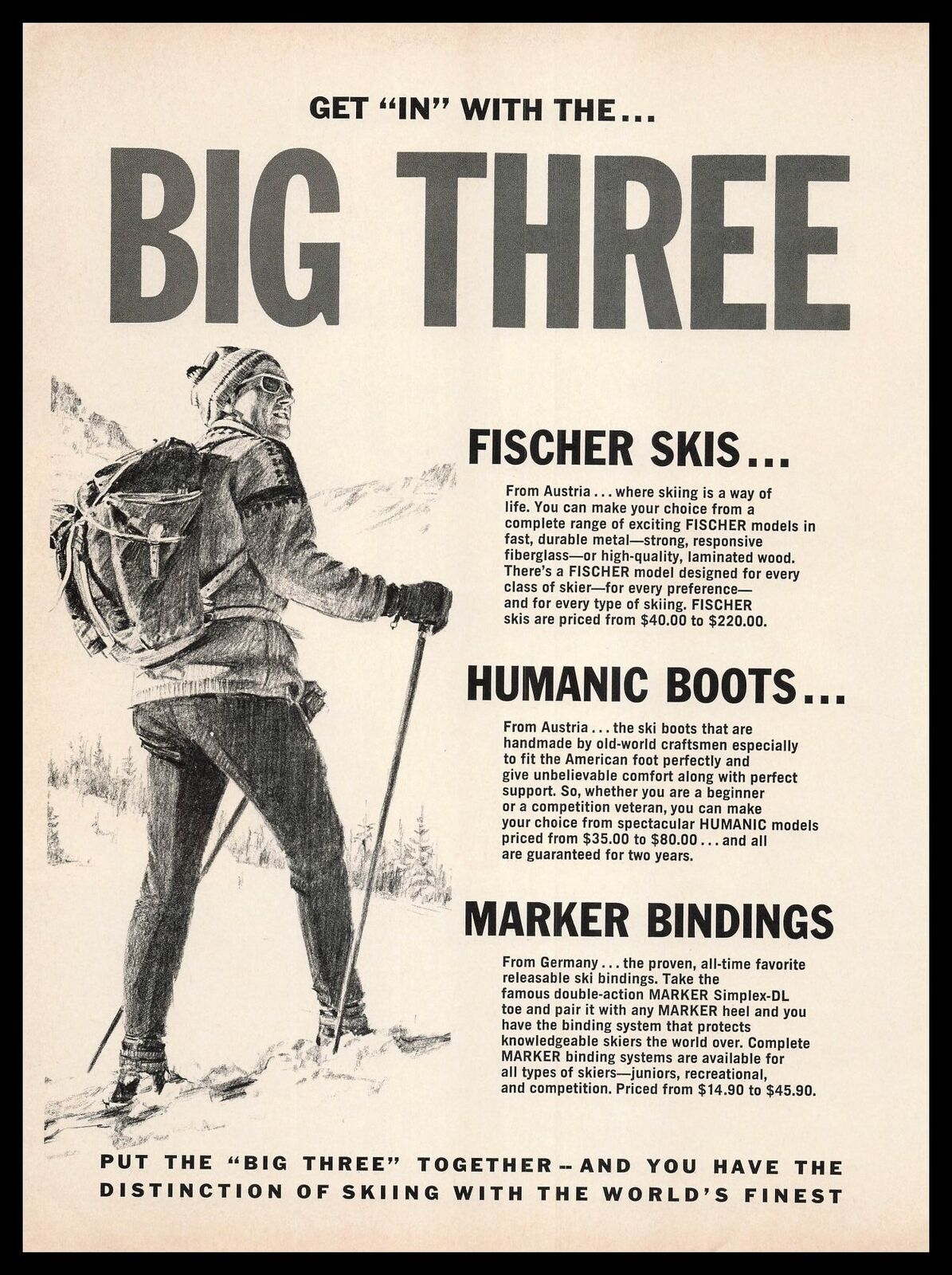 1968 Fischer Skis Humanic Boots Marker Binding Ski \