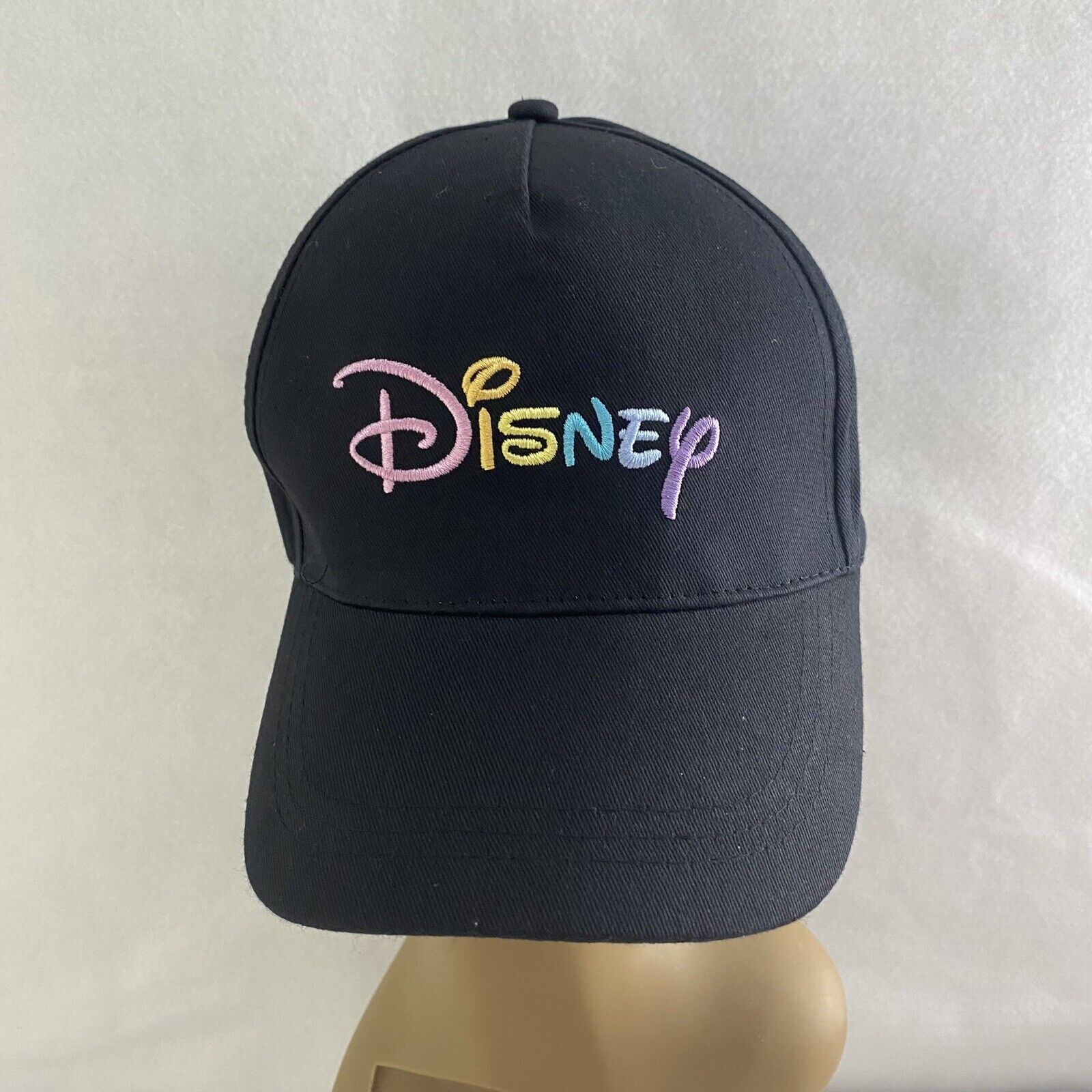 Disney Pastel Rainbow Embroidered on Black Baseball Cap Hat Adjustable Latch