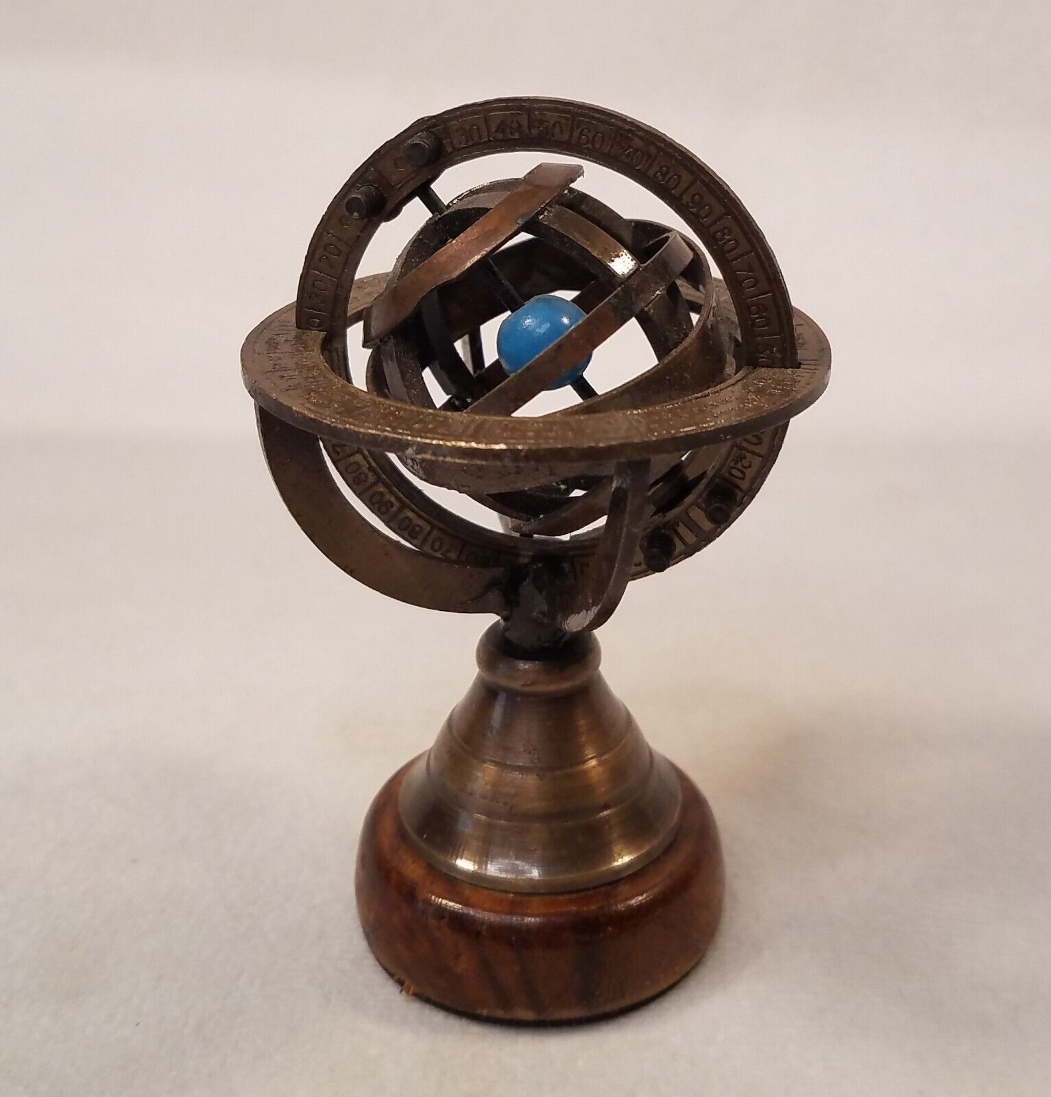 Vintage Armillary Globe Paperweight Sphere Brass Desktop Wooden Base Small 3.5\