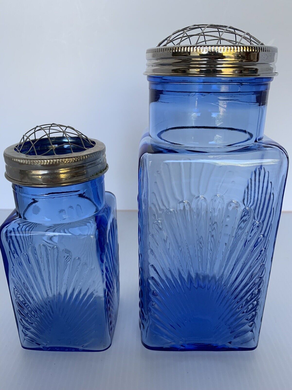 Set Of 2 VTG 2003 T.H.T. Wire Dome Flower Frog Blue Glass Jars Sunburst Design