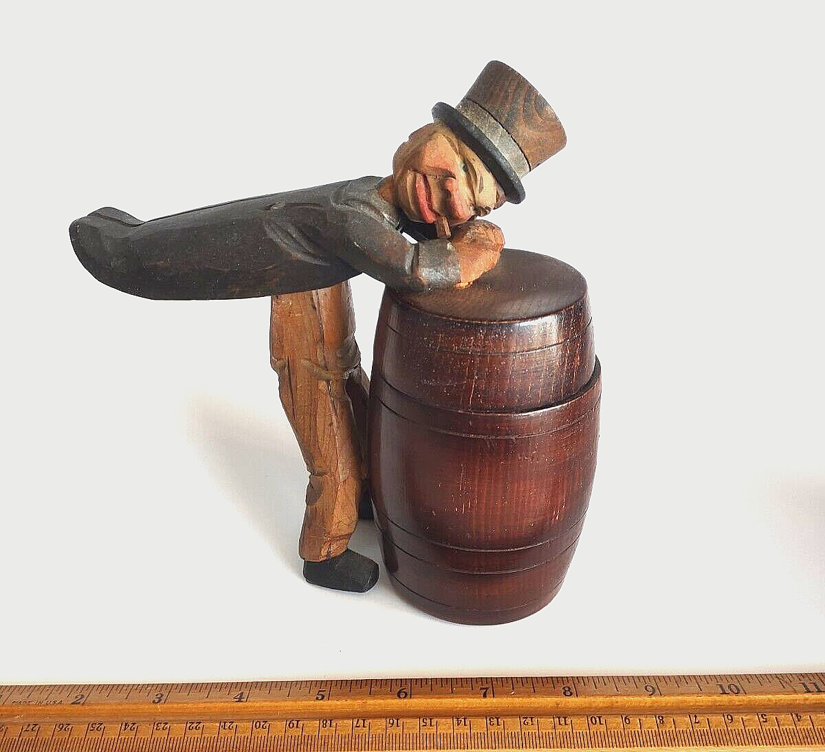 ANRI Italy Hand Carved Wooden Figural Man Over Barrel Tobacco Cigarette Holder