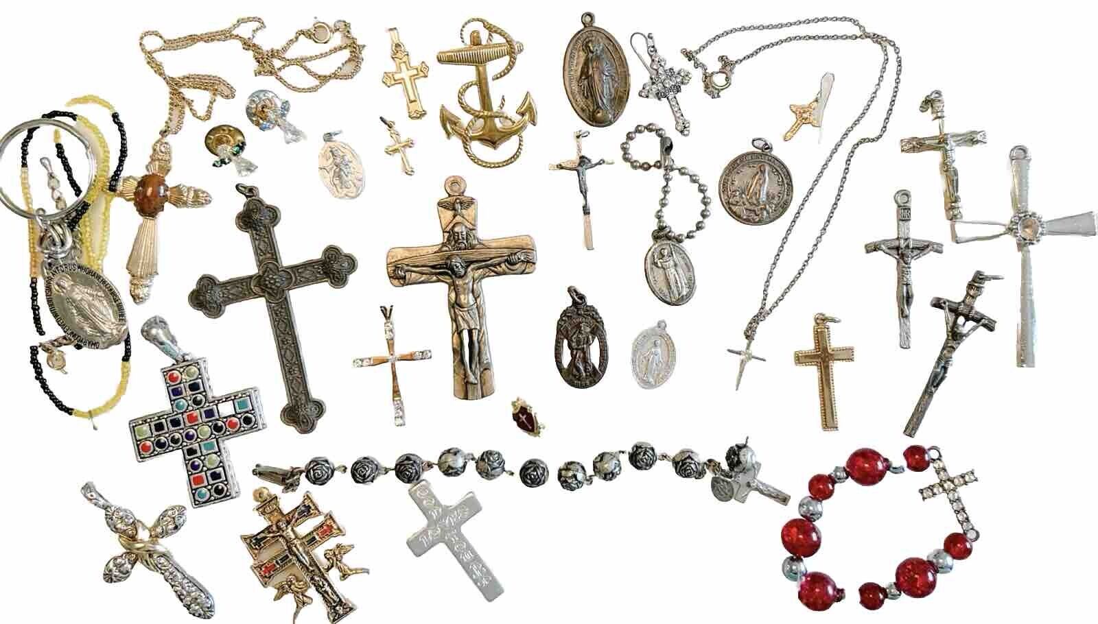 HUGE LOT Vintage NOW CROSS Crucifix Medals Christian Jesus UNTESTED 33 Pc France