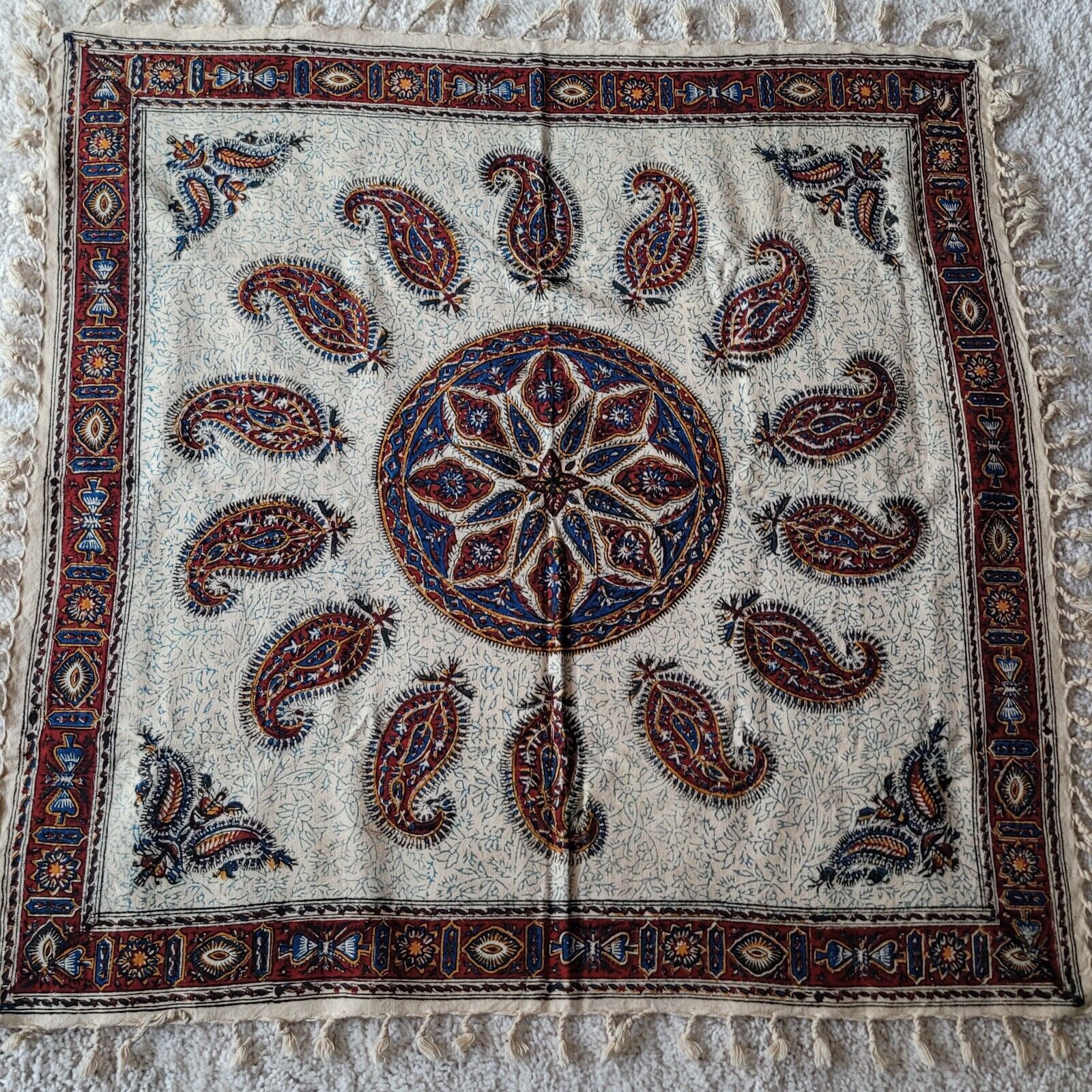 Vintage Persian Square Isfahan Handmade Cotton Blocked Tablecloth Ghalamkar 31\