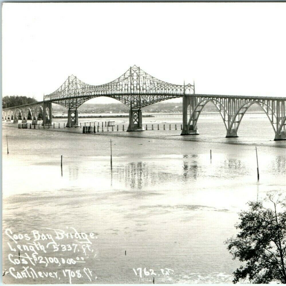 c1940s Oregon North Bend Coos Bay Bridge Facts Conde McCullough RPPC Photo A9