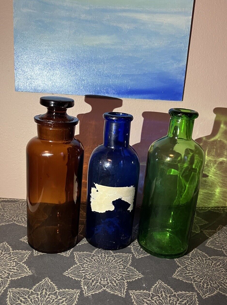 Vintage Apothecary Bottle Lot Cobalt Blue Green And Brown