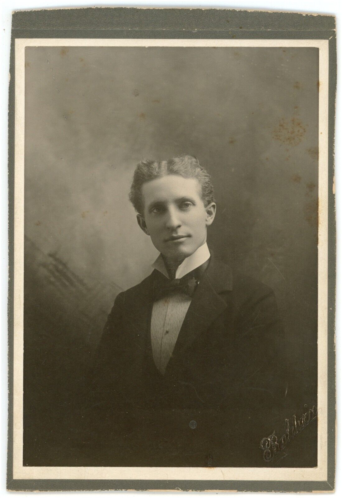 Circa 1897 Named Cabinet Card Handsome Man Curly Hair Bow Tie Allan F. Hunt