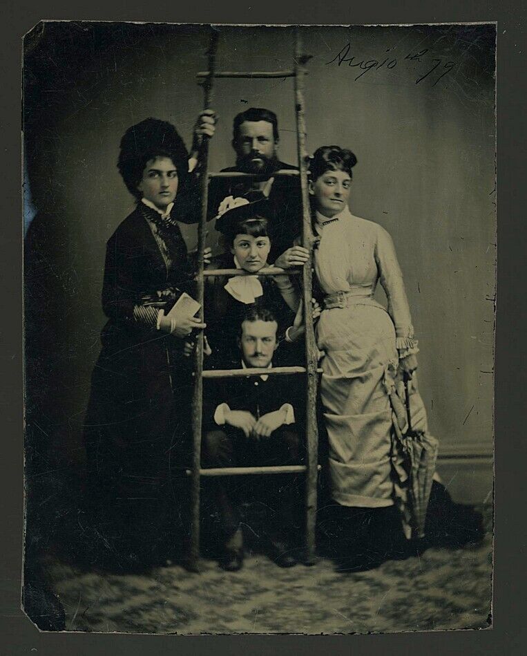 ~ Half Plate Antique Tintype Photo Victorian Group Dated 1879 Holding Stereoview