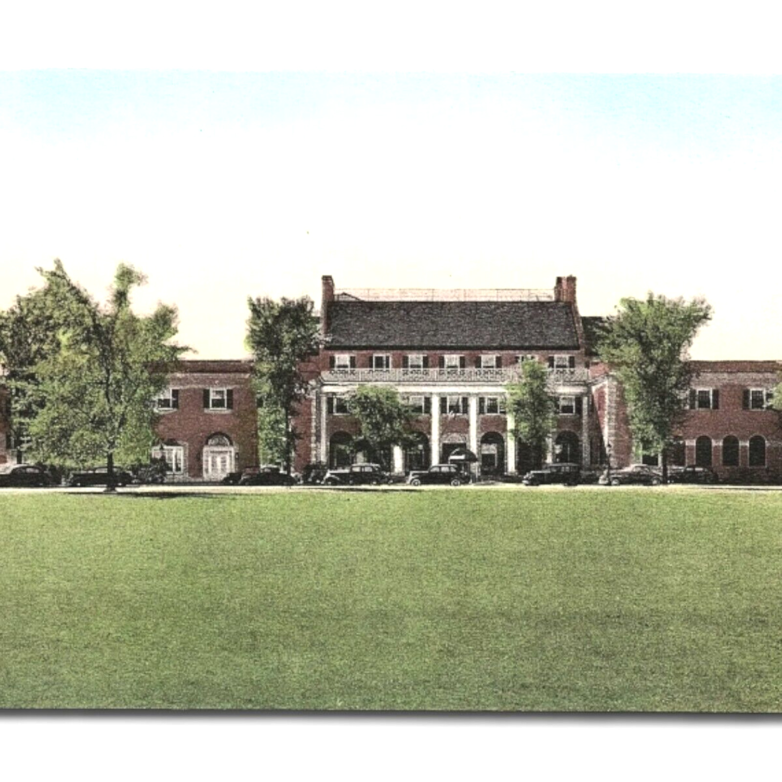 1930s Dearborn MI Inn RPPC Postcard Hand Colored Entrance Automobile Cars Lawn