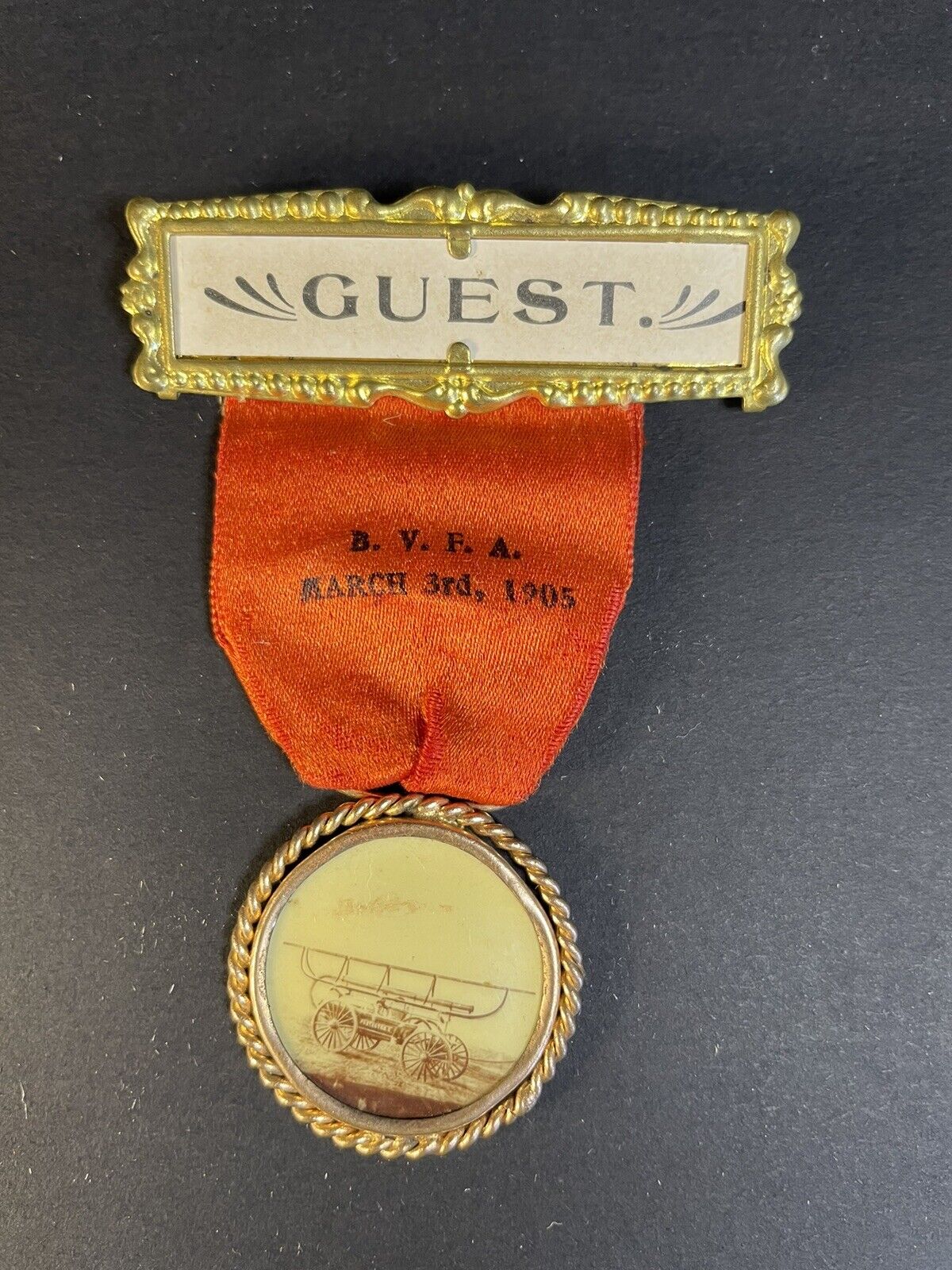 Antique March 3,1905  Firefighter Medal Ribbon B.V.F.A.