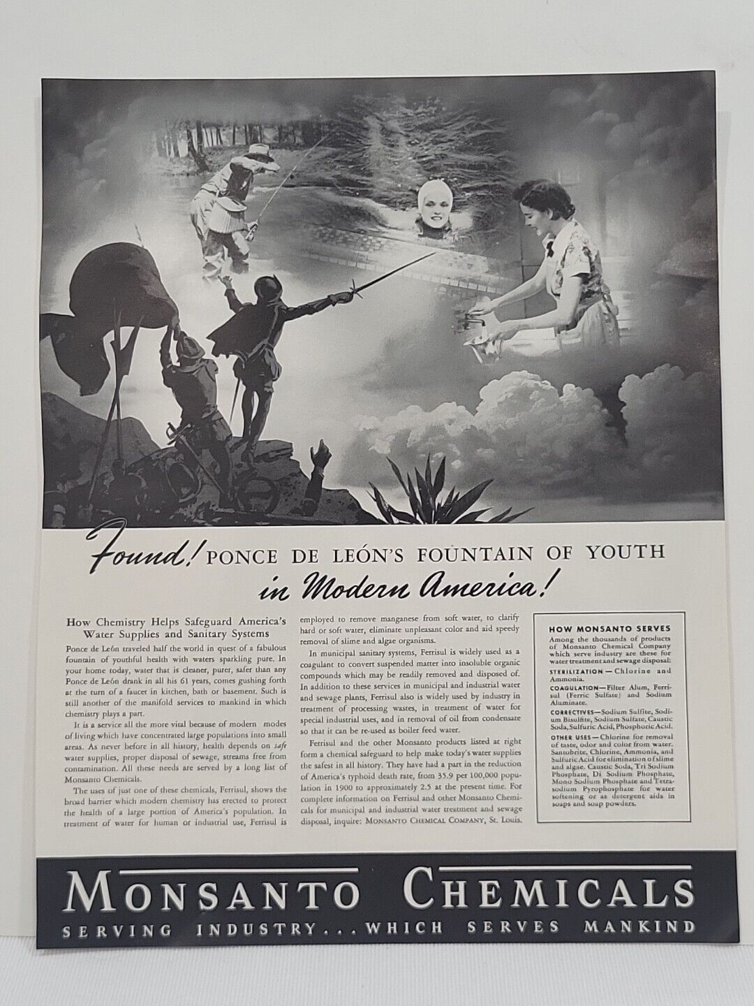 1940 Monsanto Chemicals Fortune WW2 Print Ad Ponce De Leon Fishing Swimming
