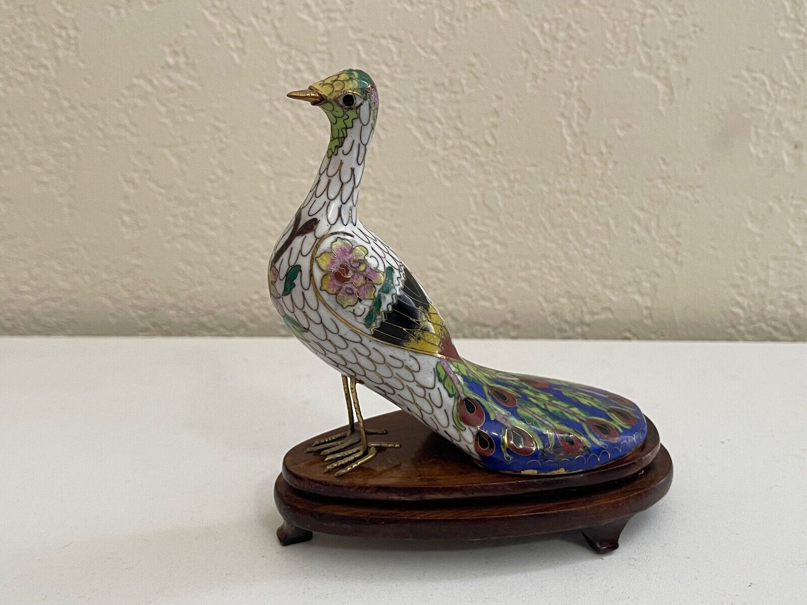 Vintage Chinese Cloisonne Peacock Bird Figurine on Wood Stand