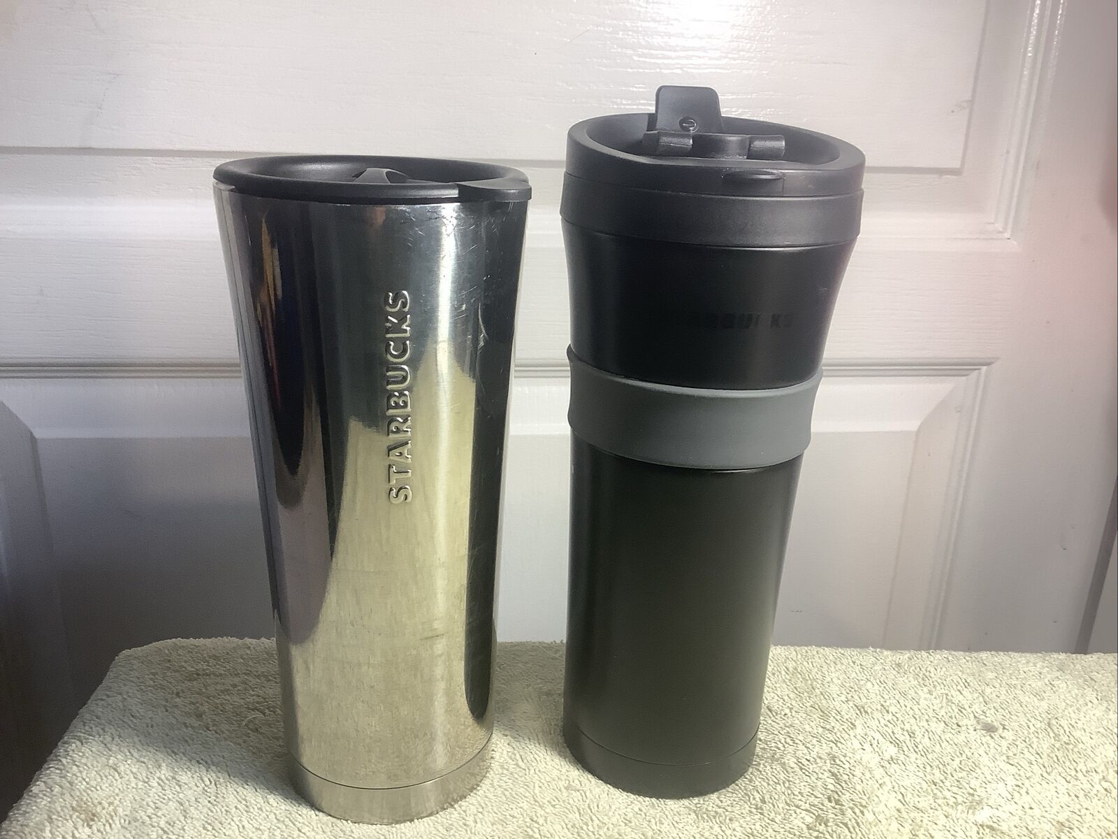 Vintage 2012 Starbucks Black W/Rubber Grip & Stainless Insulated 16oz Tumblers