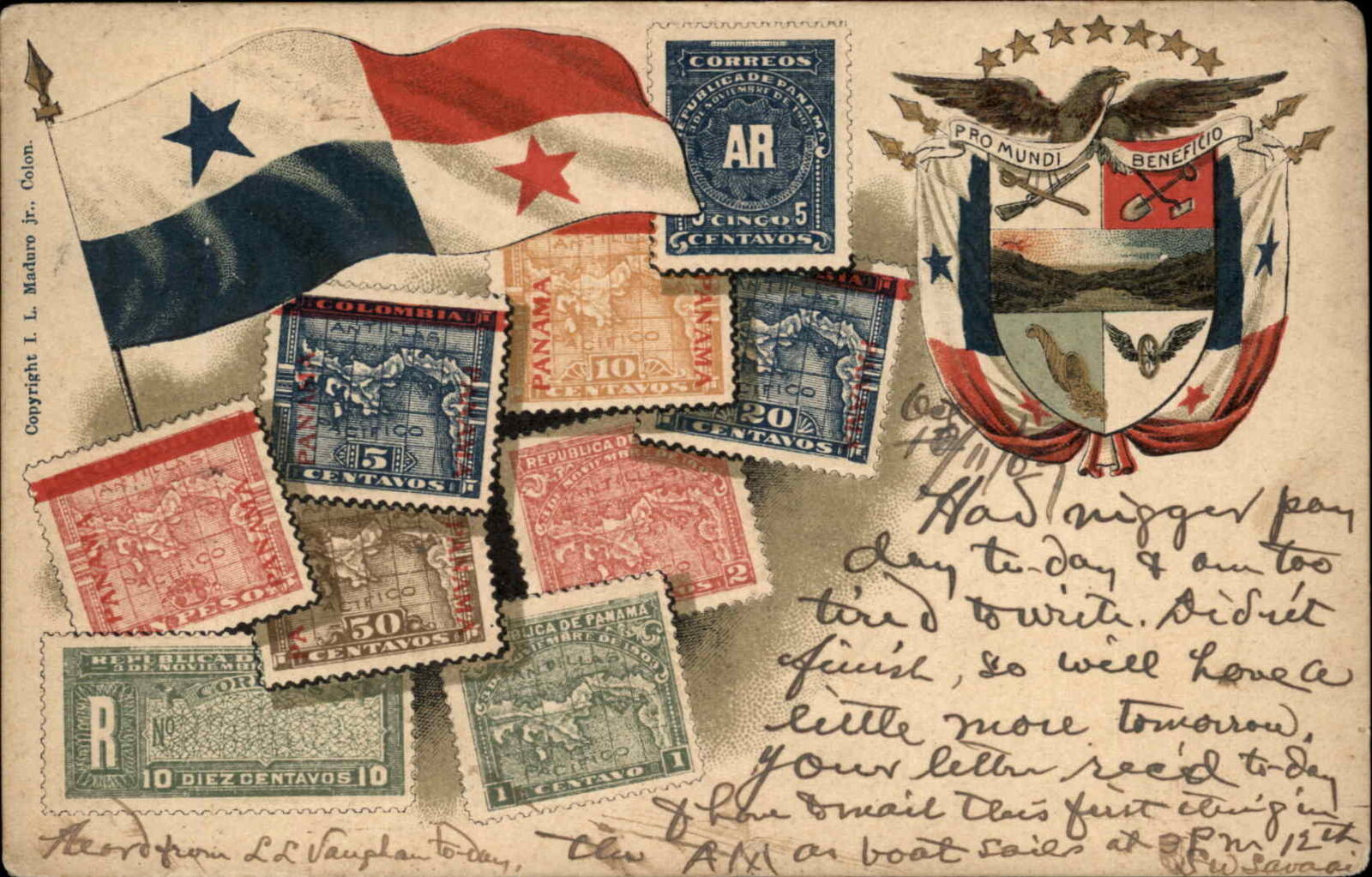 Panama Panamanian Stamps Flag Heraldic Philately c1910 Postcard