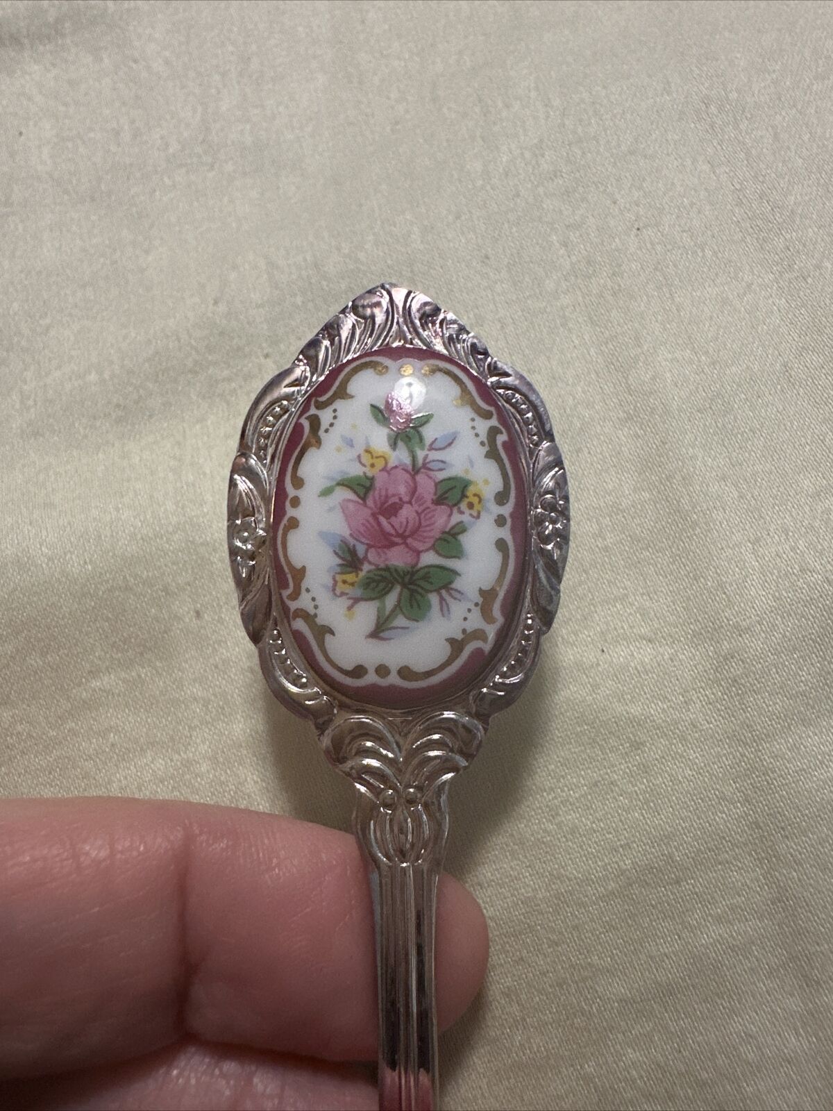 Vintage Silver Teaspoon Pink Flowers Gold Trim Enamel Porcelain Collectible New