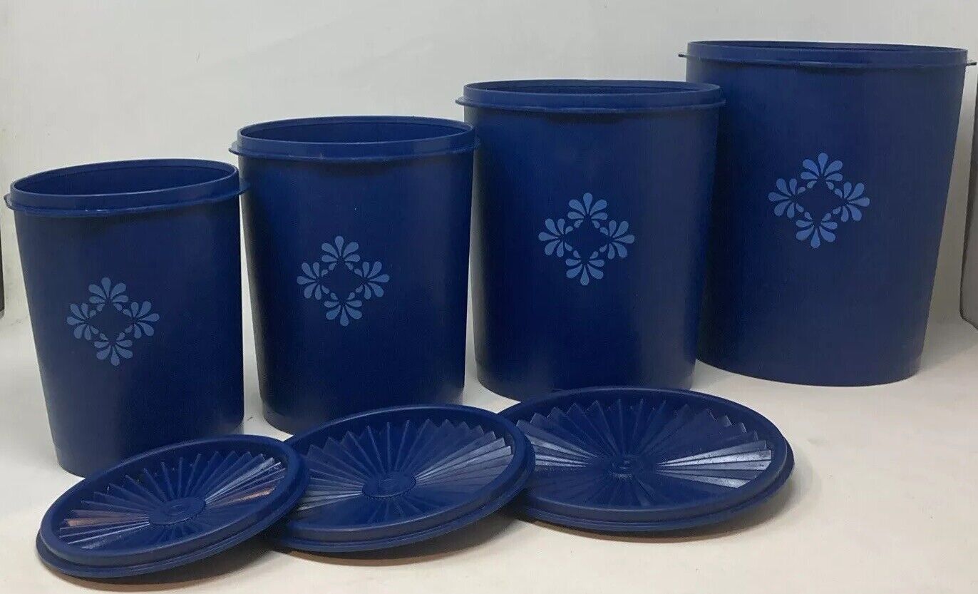 Vintage Tupperware Blueberry Cobalt Set of 4 Nesting Canisters with 3-Lids