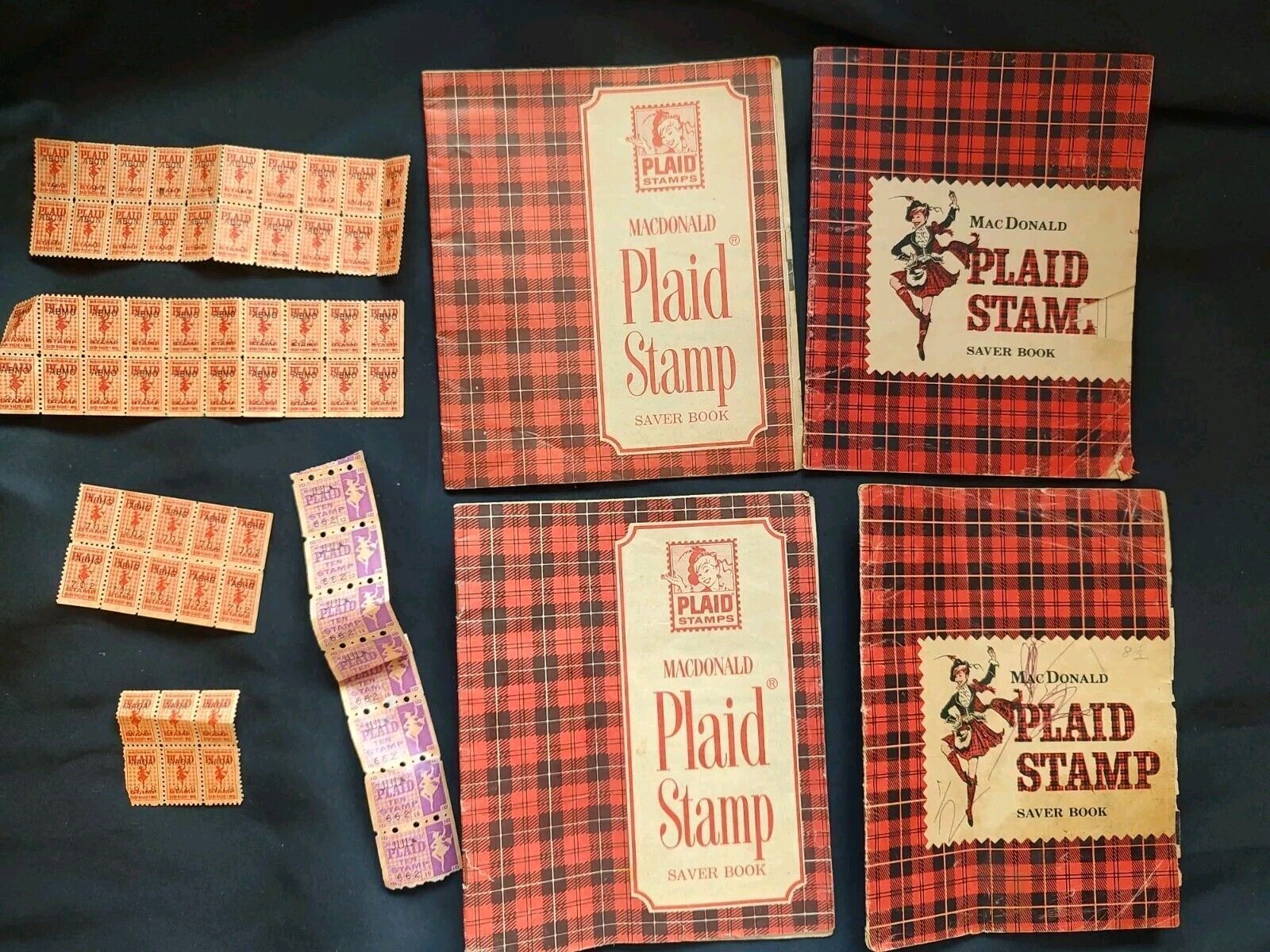 1960\'s Vintage MacDonald Plaid Stamp Saver Book Lot of 4 with Stamps