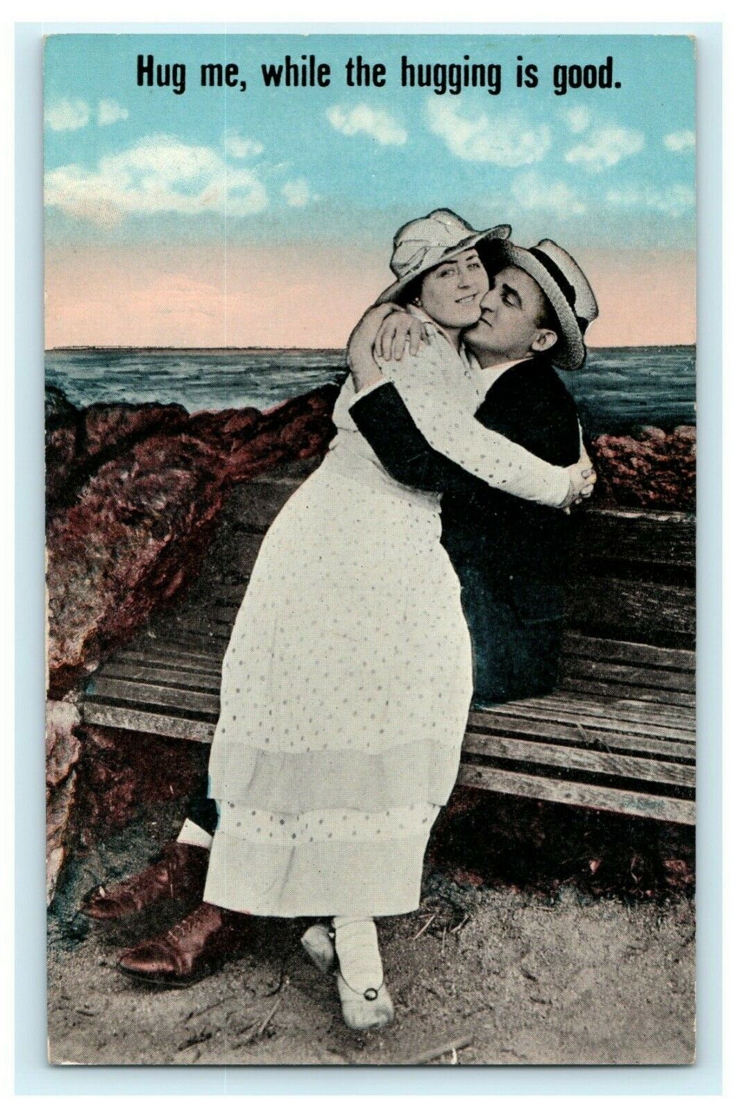 Hug Me While The Hugging Is Good Cute Couple Lovers Vintage Postcard