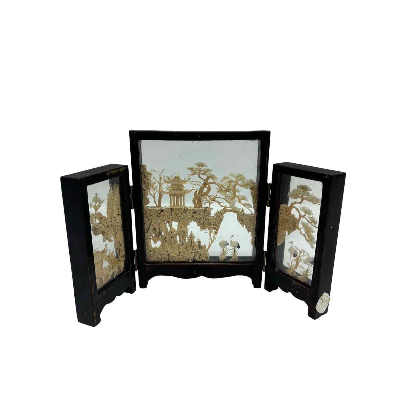 Vintage Carved Cork Art Diorama Tri Fold Table Decor Black Frame Asian SanYou
