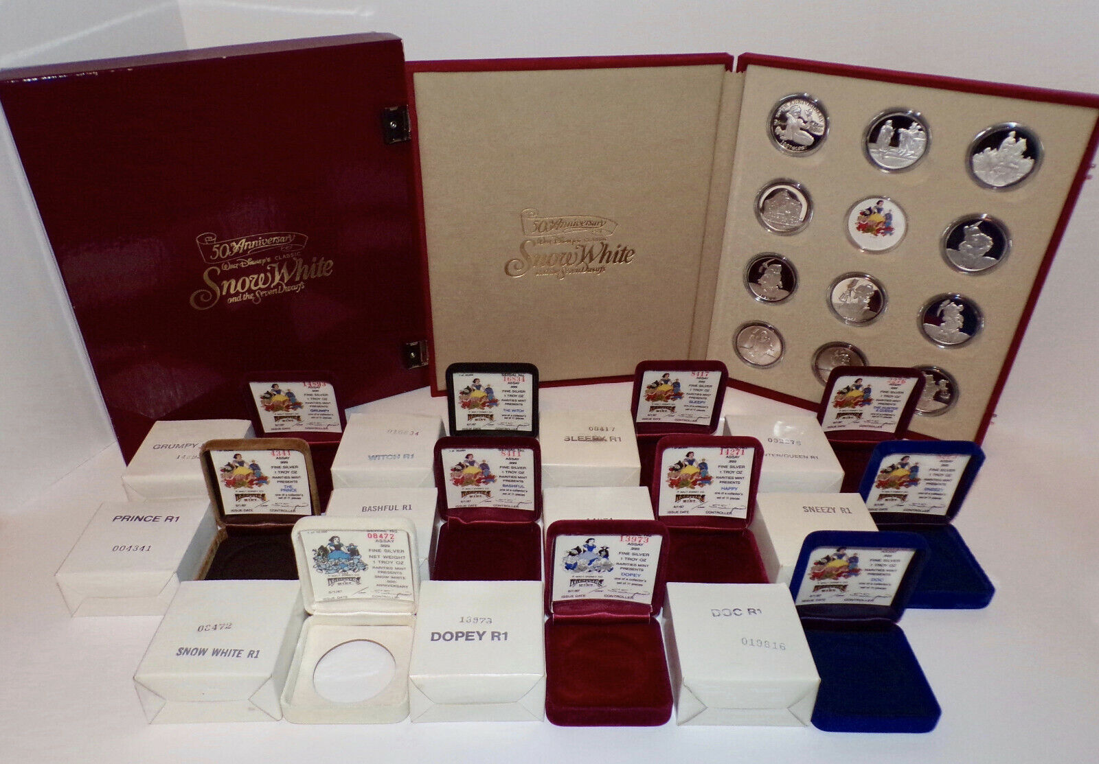 1987 Rarities Mint SNOW WHITE .999 1 Oz Silver 11 COIN Set in Case + Boxes, COAs