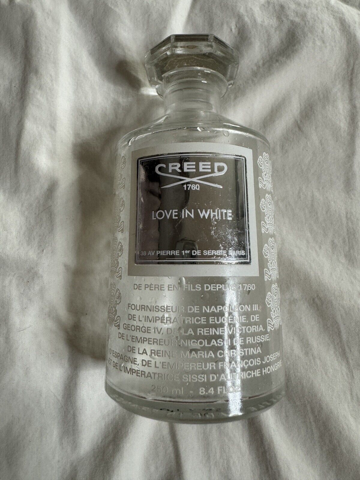 Creed Love In White EMPTY Bottle Flacoln 8.4 Fl Oz. 250 ML GLASS NO BOX