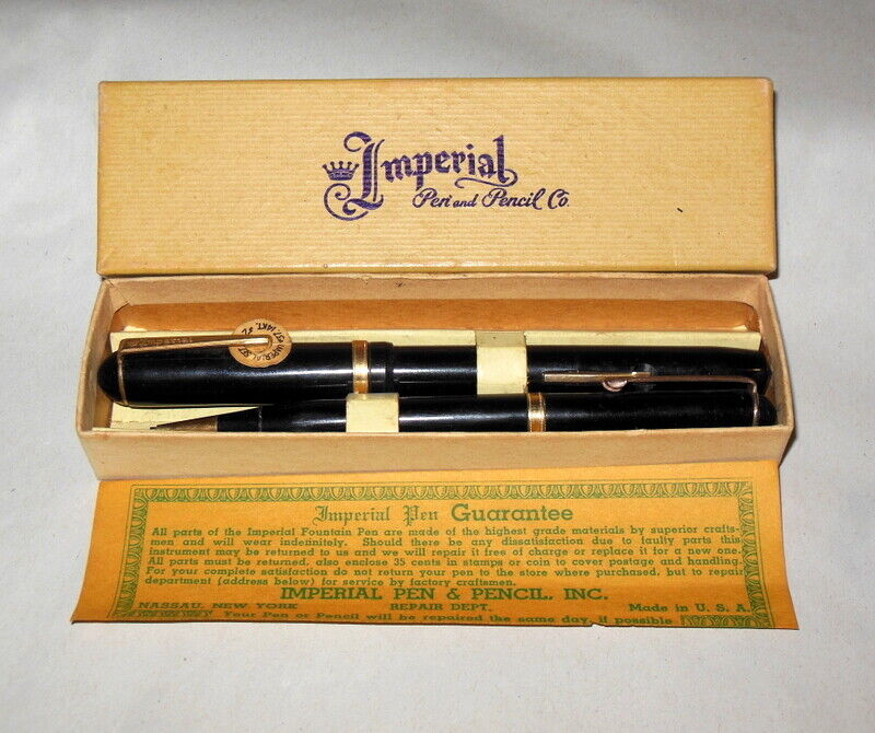 Vtg 1950\'s Imperial Fountain Pen w 14K GOLD Nib & Mechanical Pencil Original Box