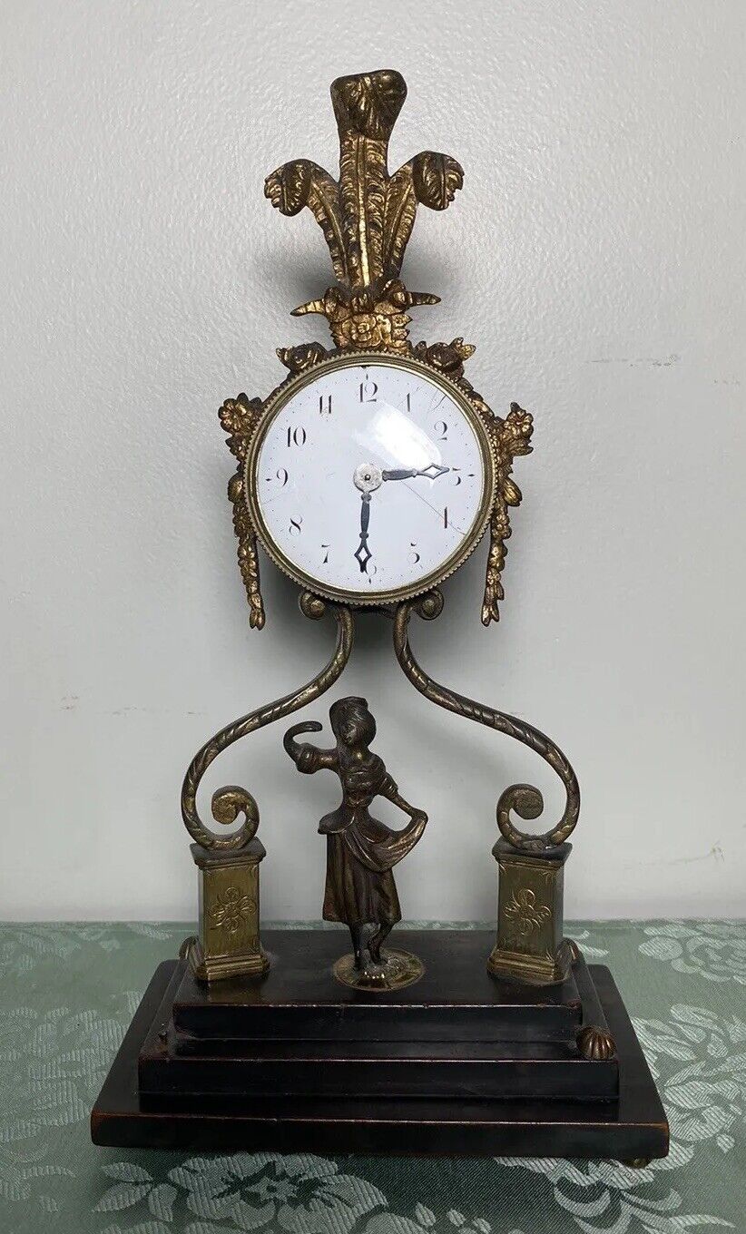 Antique Figural Maiden Clock Brass & Cast Iron 1869 Waltham Watch Movement Read
