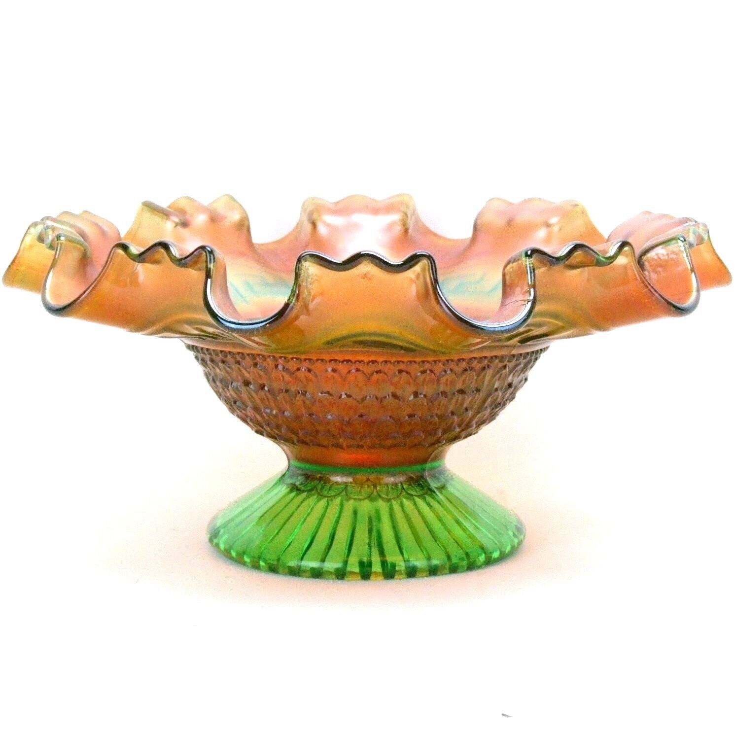 Northwood Carnival Glass Greek Key and Scales 3 to 1  Ruffle Footed Bowl EAPG