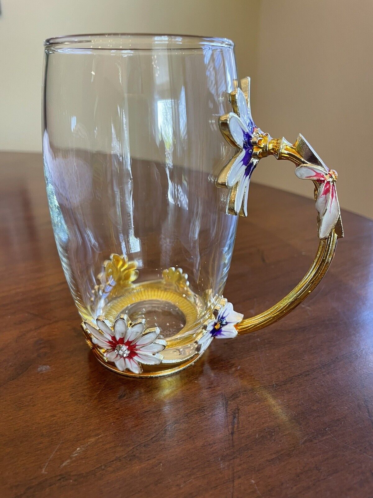 ARC France Clear Jeweled Enamel Flower Ornate Glass Coffee/Tea Mug
