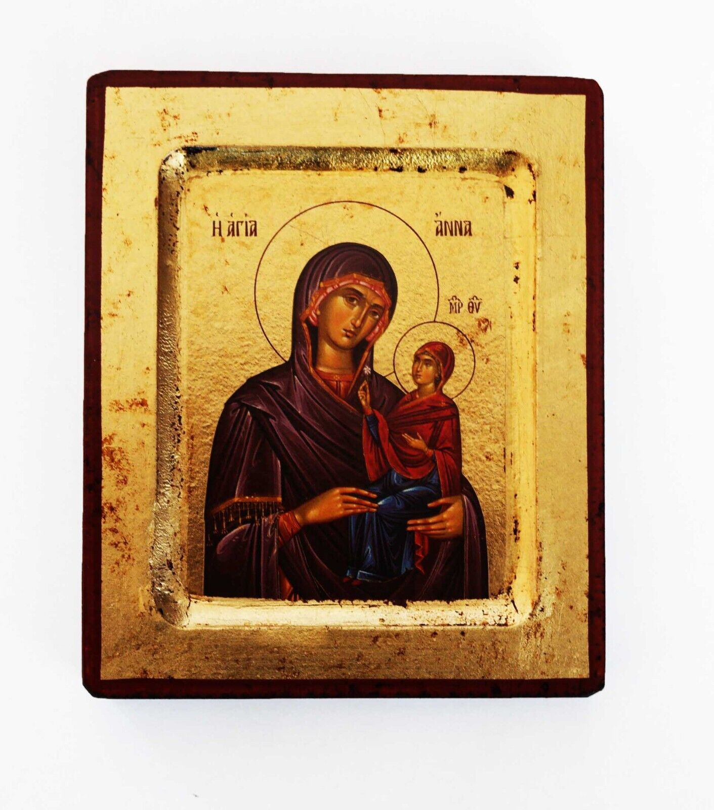 Greek Russian Orthodox Handmade Wooden Icon Saint Anna 12.5x10cm