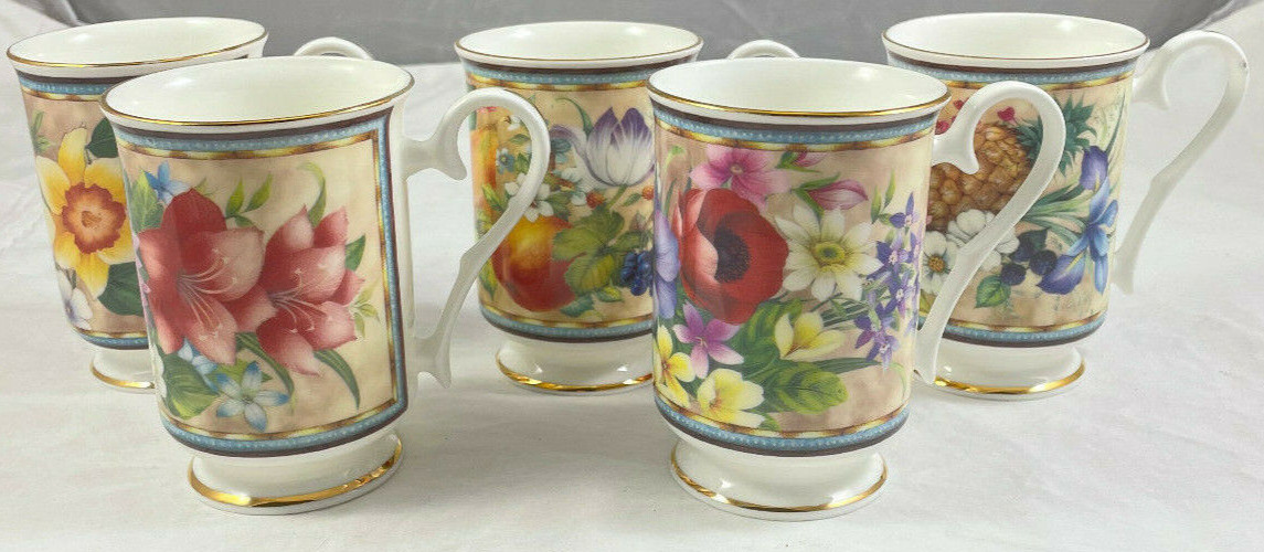 Royale Garden Floral Cup Mug Footed Set of 5 Bone China Staffordshire Romania