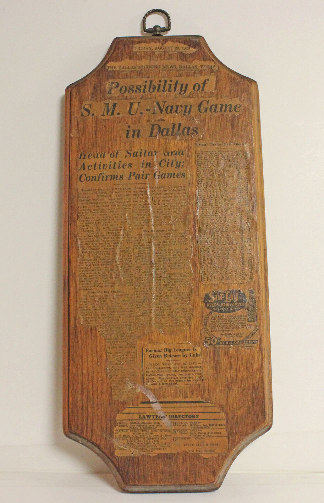 VINTAGE Plaque SMU Navy Game in Dallas DALLAS MORNING NEWS August 23 1929