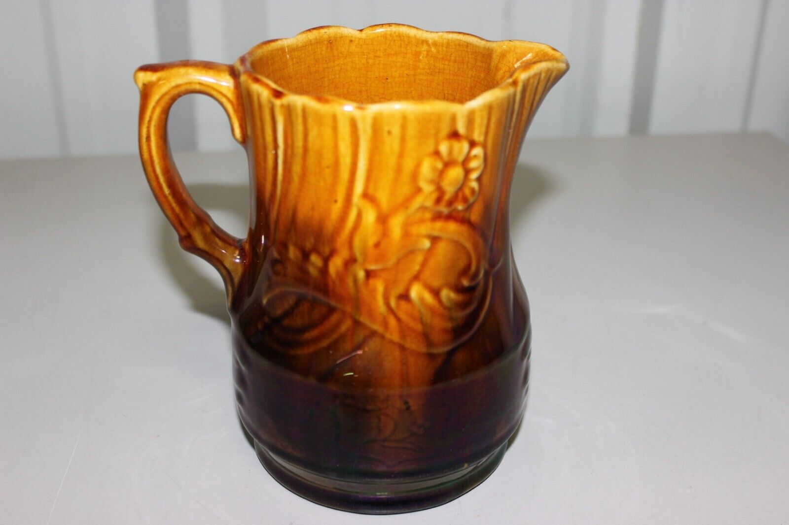 Vintage Brown/Yellow Stoneware Pitcher - Floral - 6.5\