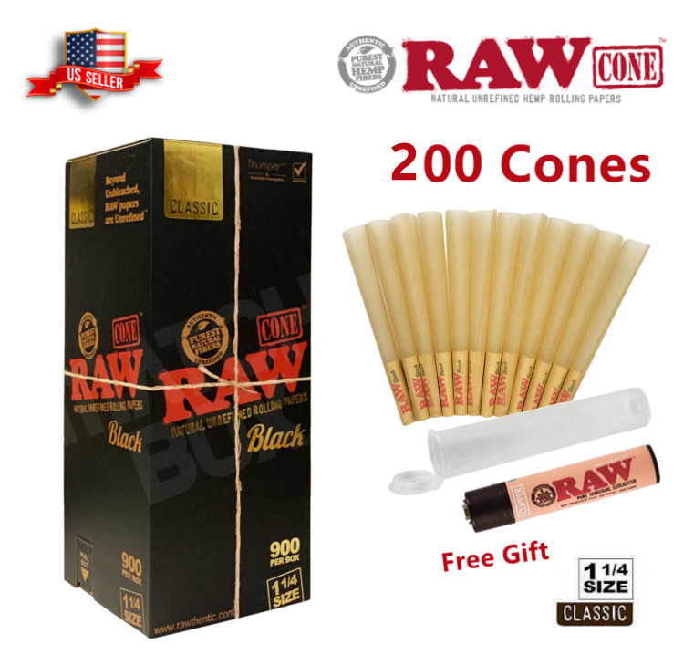 Authentic RAW Black 1 1/4 Size Pre-Rolled Cones 200 Pack & Free Clipper Lighter