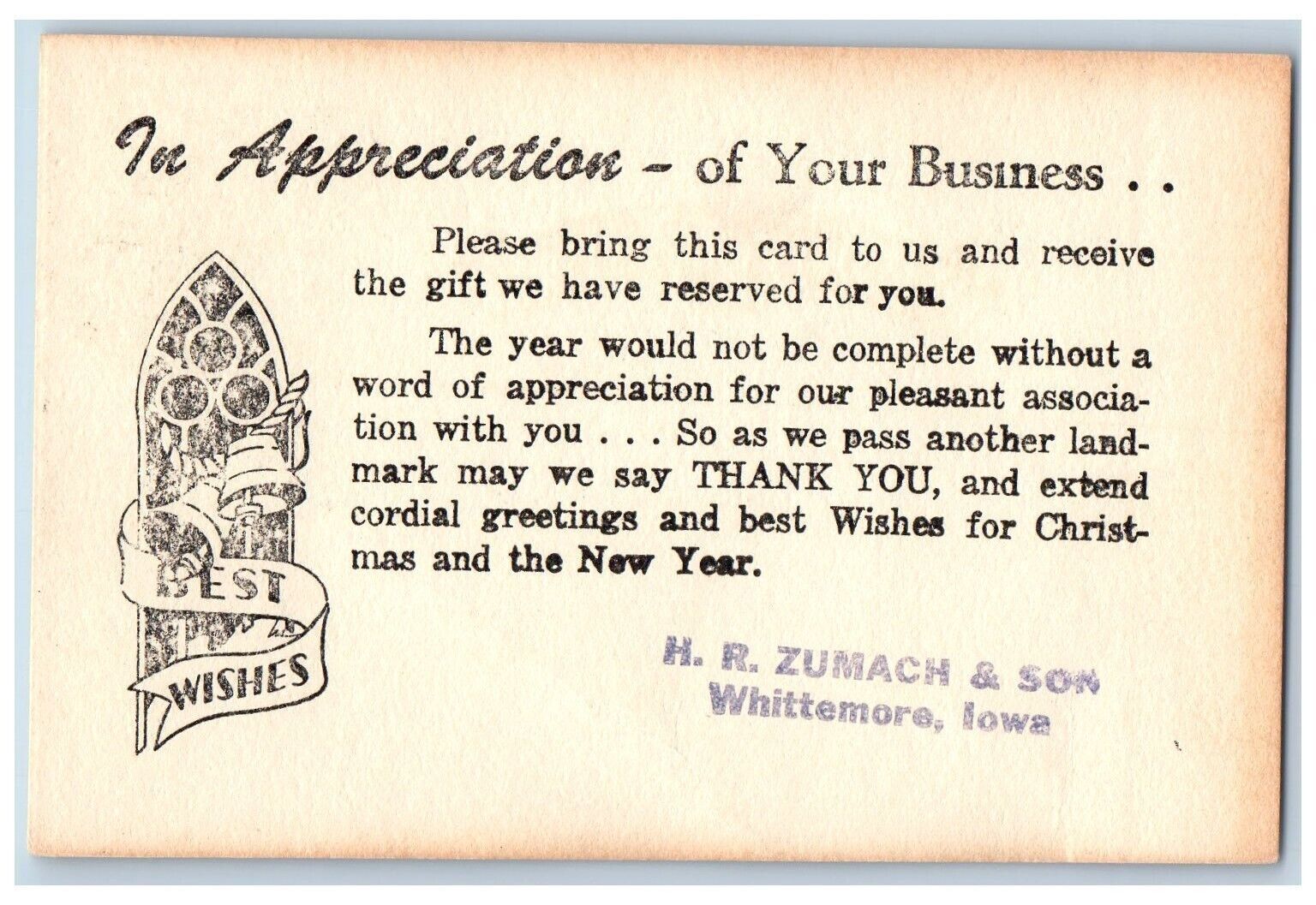 Whittemore Iowa Postcard Appreciation Business Card Gift c1905 Vintage Antique