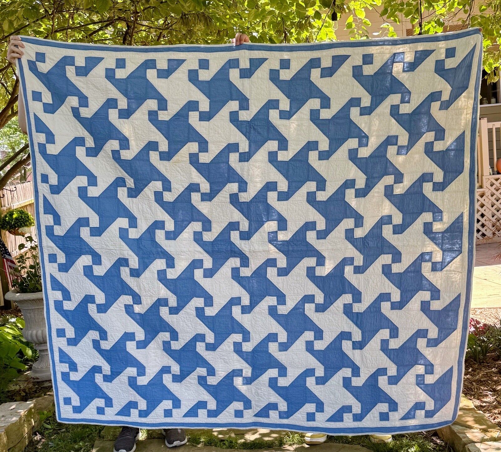 Antique Indiana Puzzle/ Snail Trail Blue & White Hand Stitched Quilt~Early 1900s