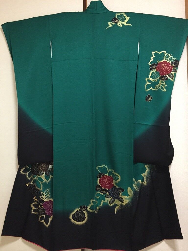 Vintage Japanese Silk Kimono FURISODE, Butterfly, Green, Black K1024
