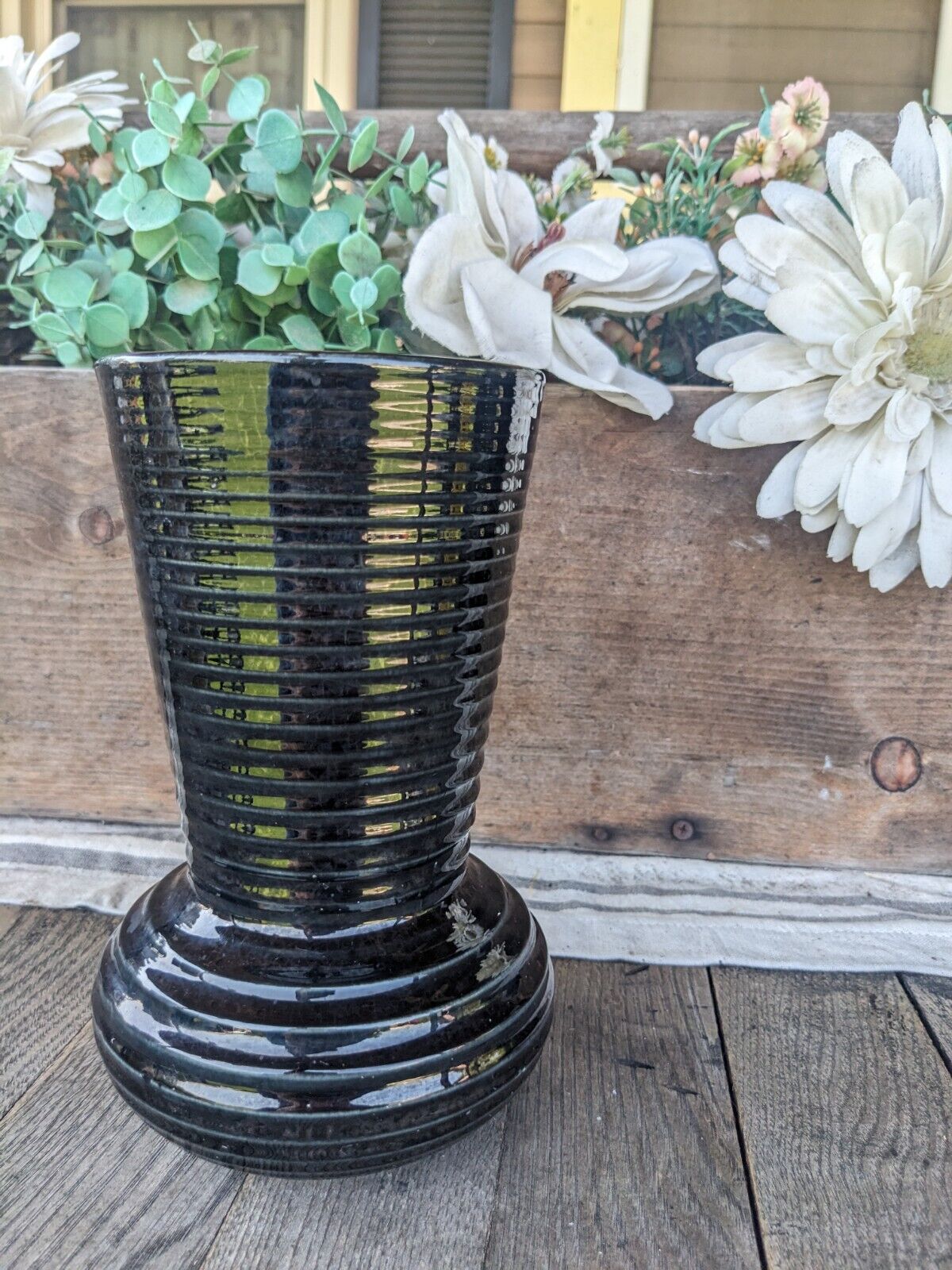 Vintage 1950’s Ribbed Art Deco Black Glazed Ceramic Vase