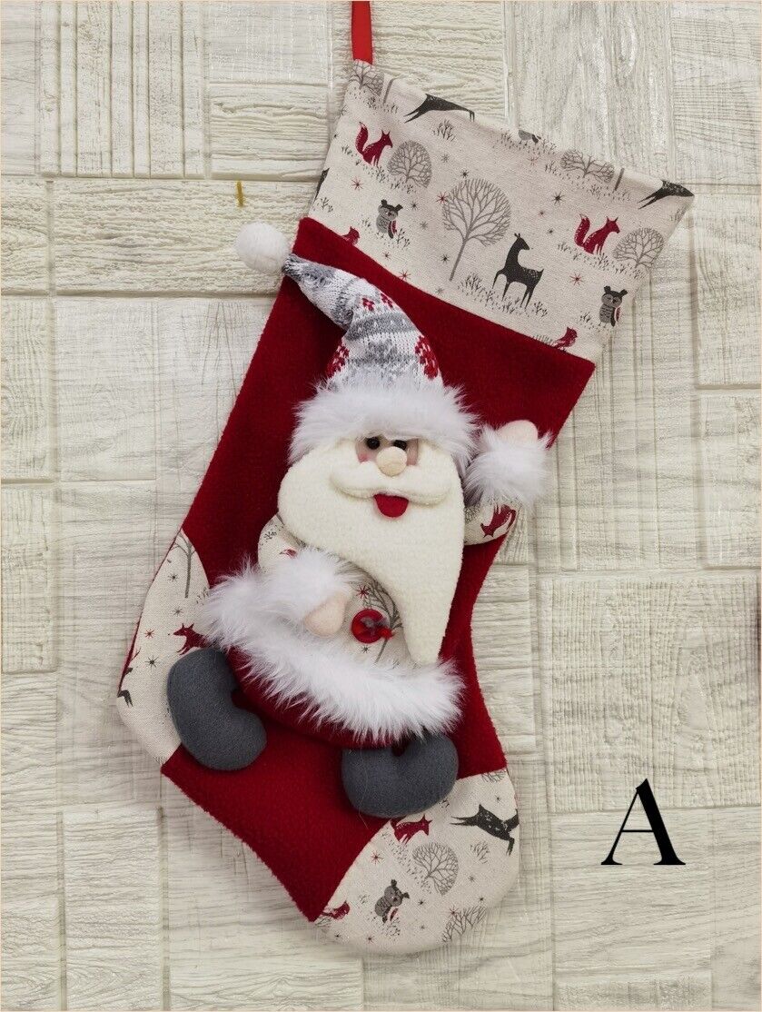 21-IN RED CHRISTMAS 3D STOCKING WITH SANTA SNOWMAN IN SWEATER WHITE ROOF HOUSE