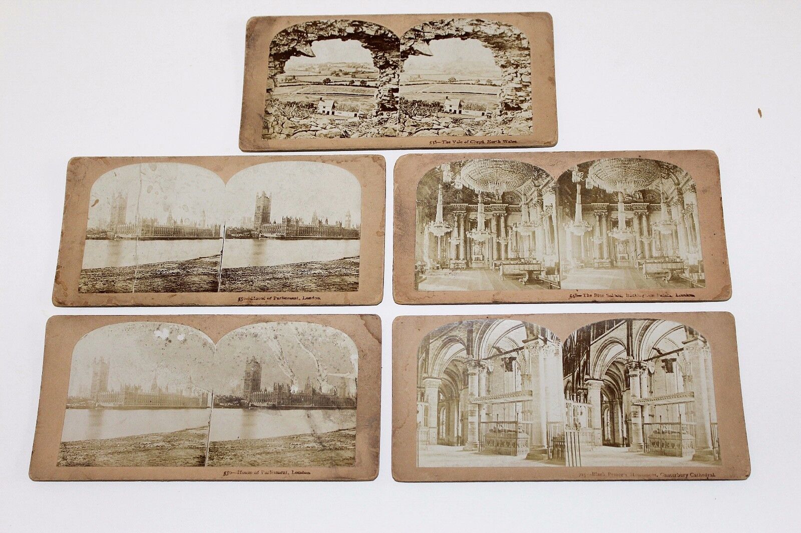 5 Antique Stereo View Cards London, North Wales, Buckingham Palace + c.1890s