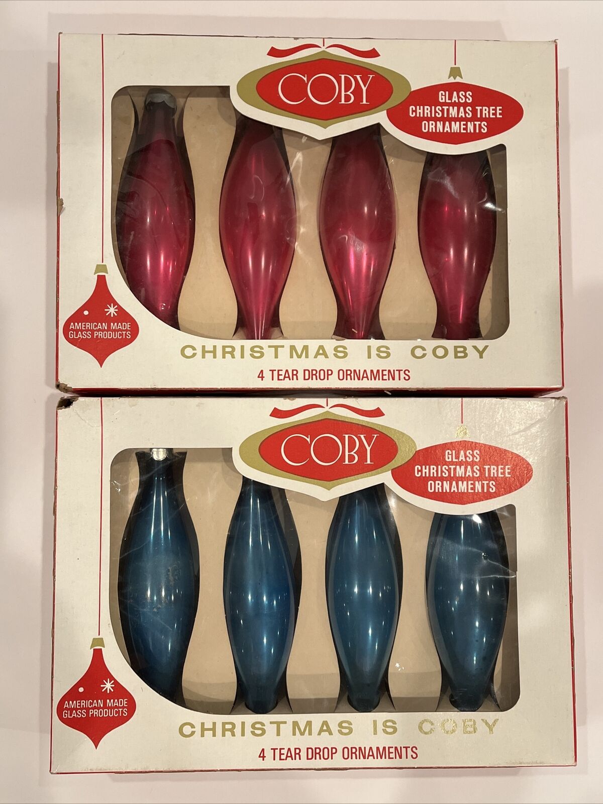 Vintage Mid Century Christmas COBY Mercury Glass Oblong Ornaments-2 Boxes