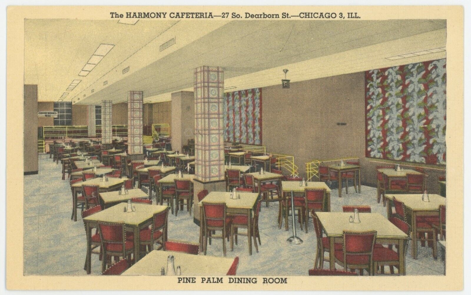 EARLY ADV. POSTCARD - Harmony Cafeteria Pine Palm Dining Room - Chicago IL