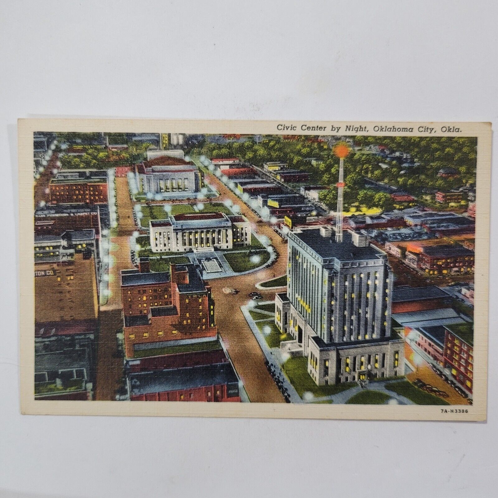 Civic Center By Night Oklahoma City Vintage Birds Eye View Linen Postcard