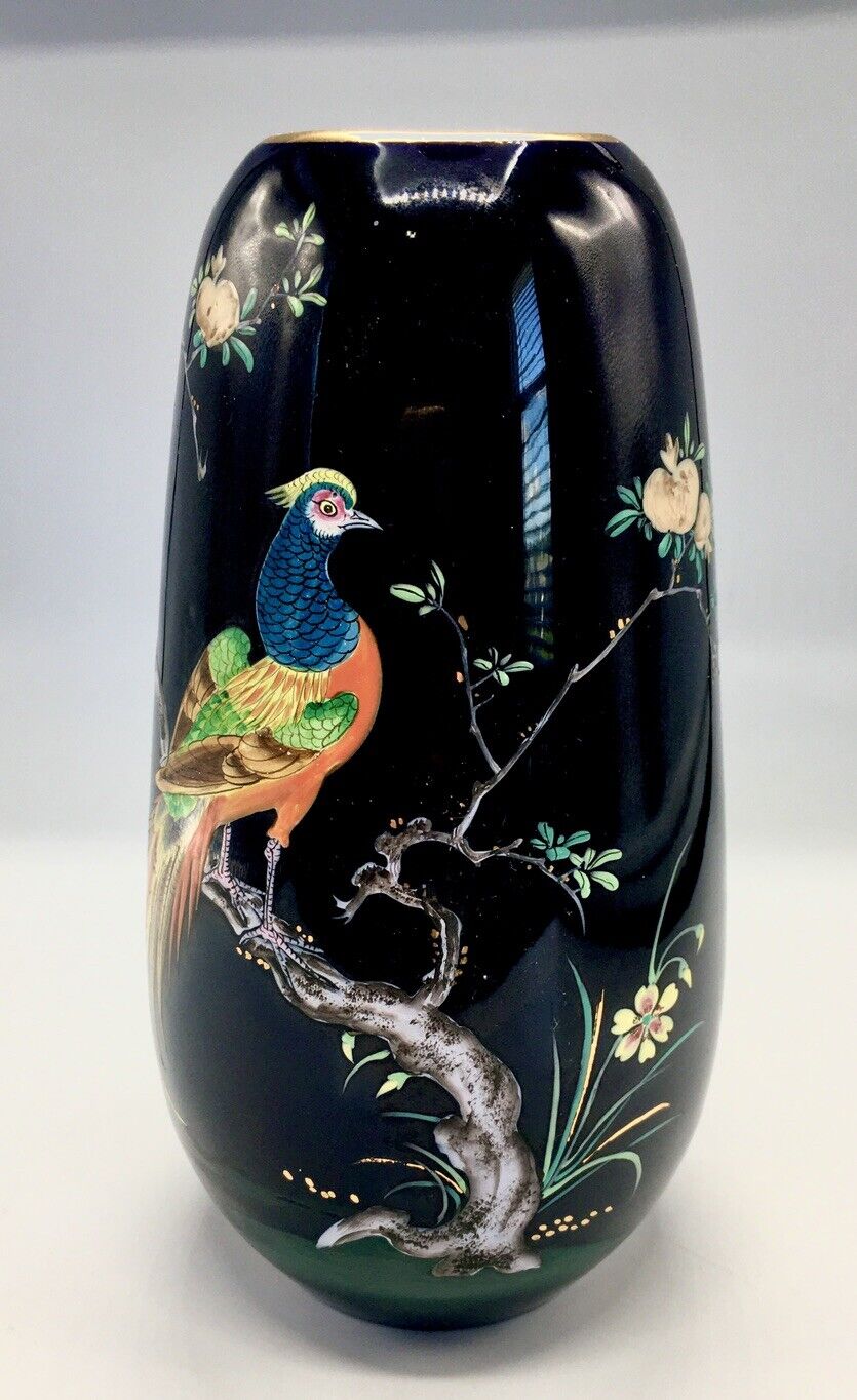 RARE VTG Richard Benit Signed Peacock Exotic Bird Navy Glass Vase, Gold Rim 8x4